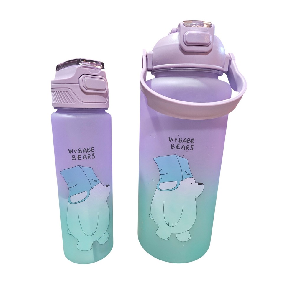 We Bare Bears Ice Bear Water Bottle Set 2pc Purple‎ Teal Ombre Kawaii Frosted